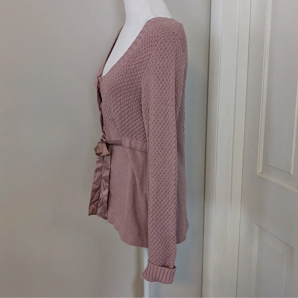 Elle Women's Chunky Cardigan Sweater SMALL Fitted‎ Layer Satin Bow Easter Mauve